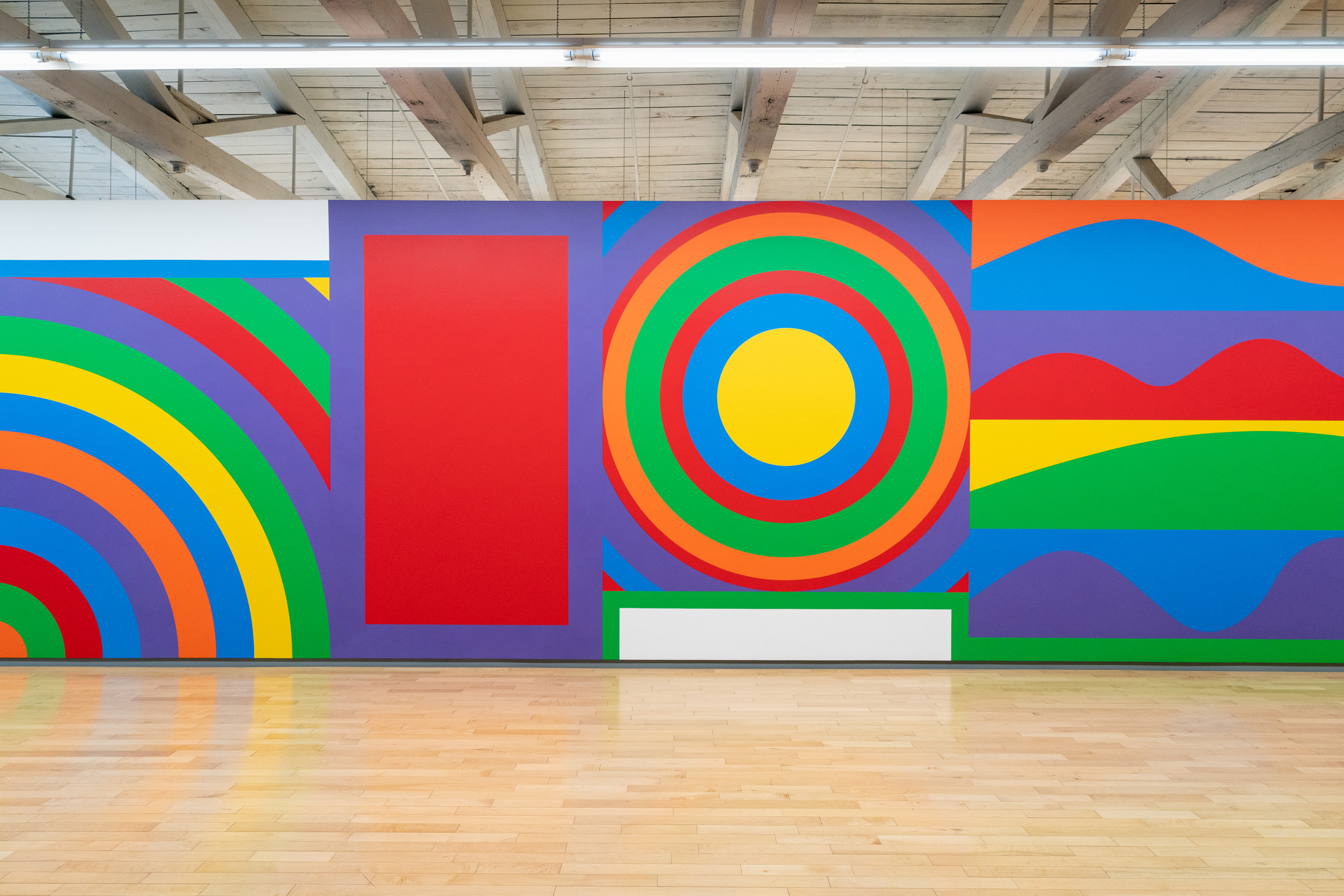 Photograph of Sol LeWitt's Wall Drawing 915: Arcs, circle, and irregular bands; made in September 1999, Acrylic paint. First Installation: Paula Cooper Gallery, New York. First Drawn By: Dana Carlson, Christina Hejtmanek, James Sheehen, Emily Ripley. Installed in MASS MoCA, Building 7, third floor.